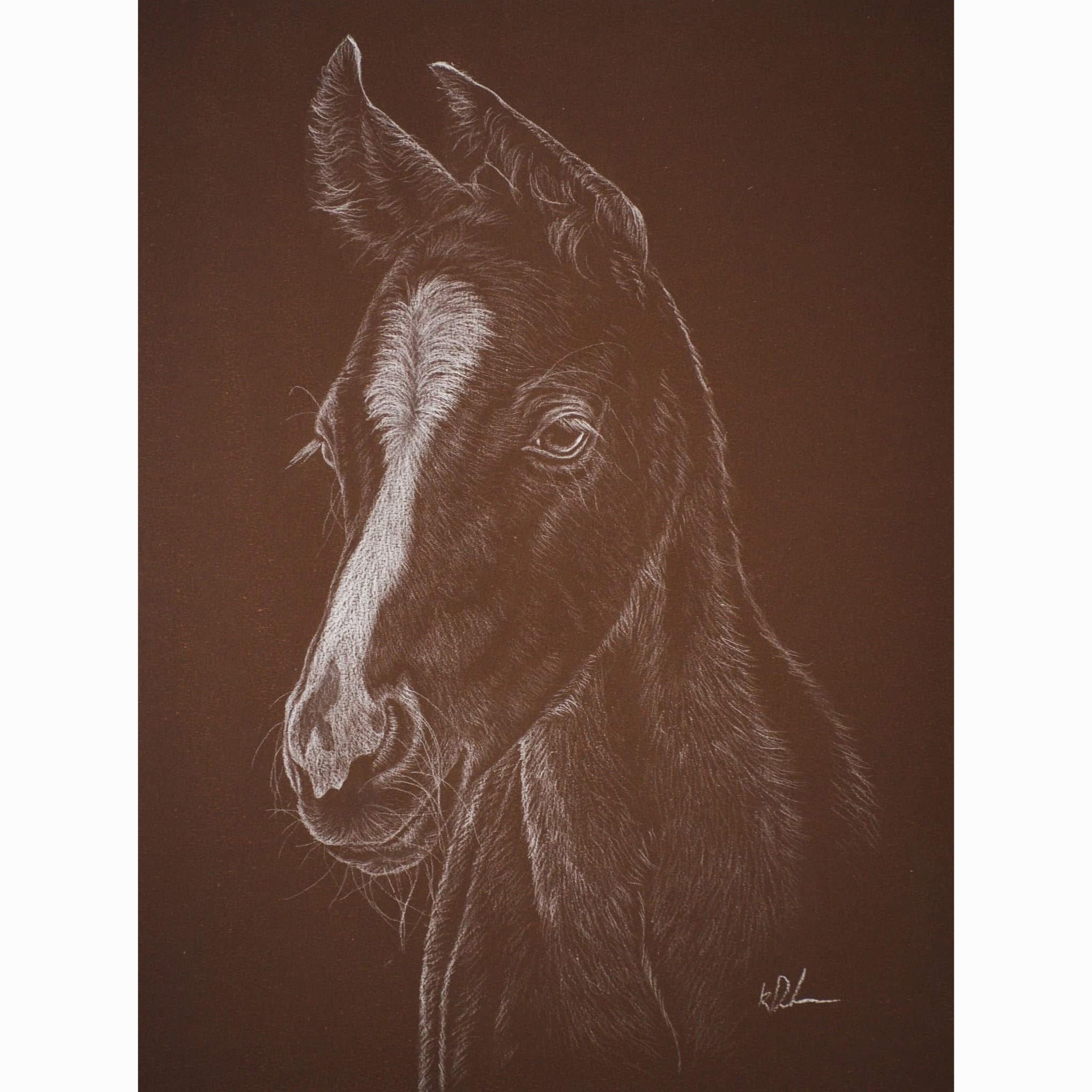 Detailed drawing of a horse's head on a brown background