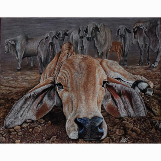 Artistic depiction of a cow lying down with other cows in the background