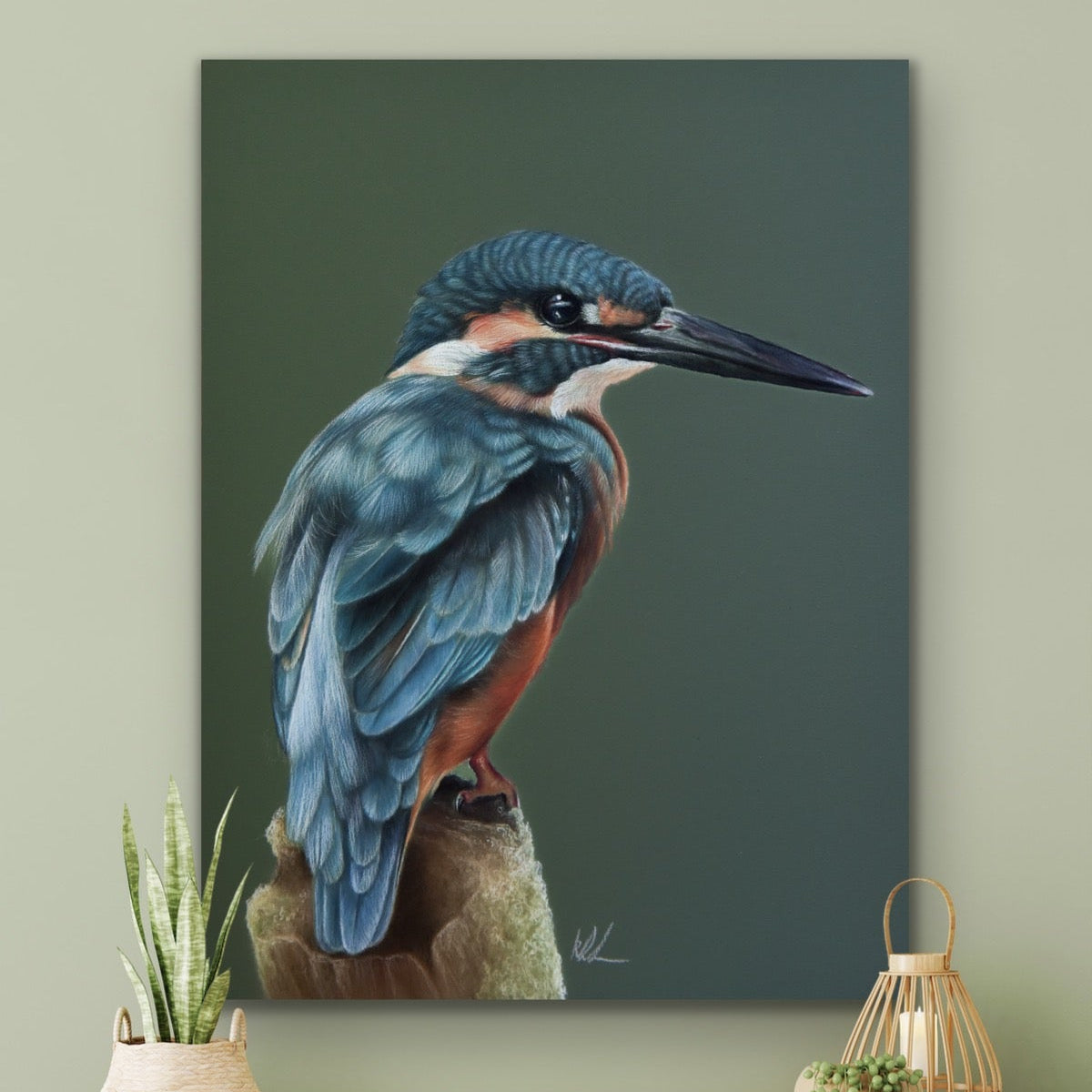common kingfisher stretched canvas print hanging on wall