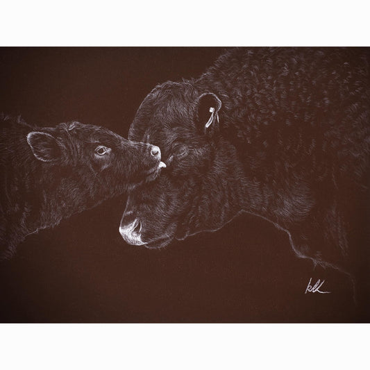calf licking bulls face realism artwork