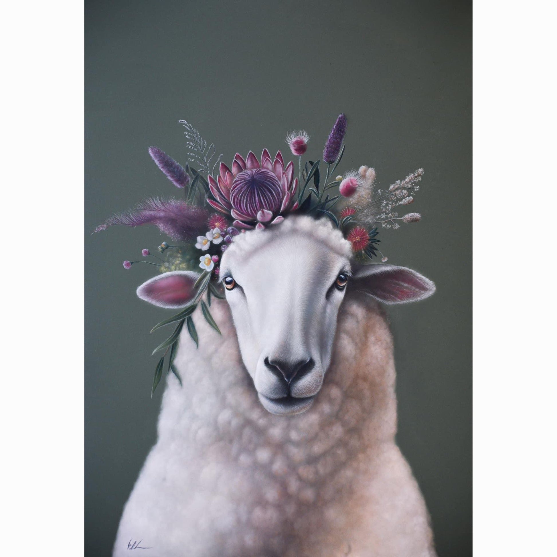 Sheep with a floral crown on a dark background