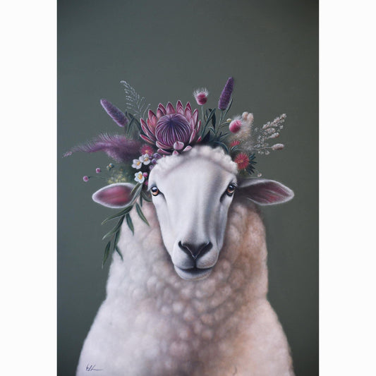 Sheep with a floral crown on a dark background