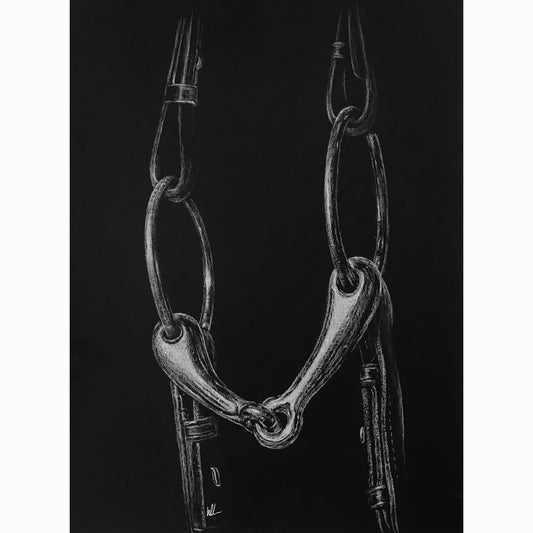 artwork of snaffle bit on bridle with reins hanging down