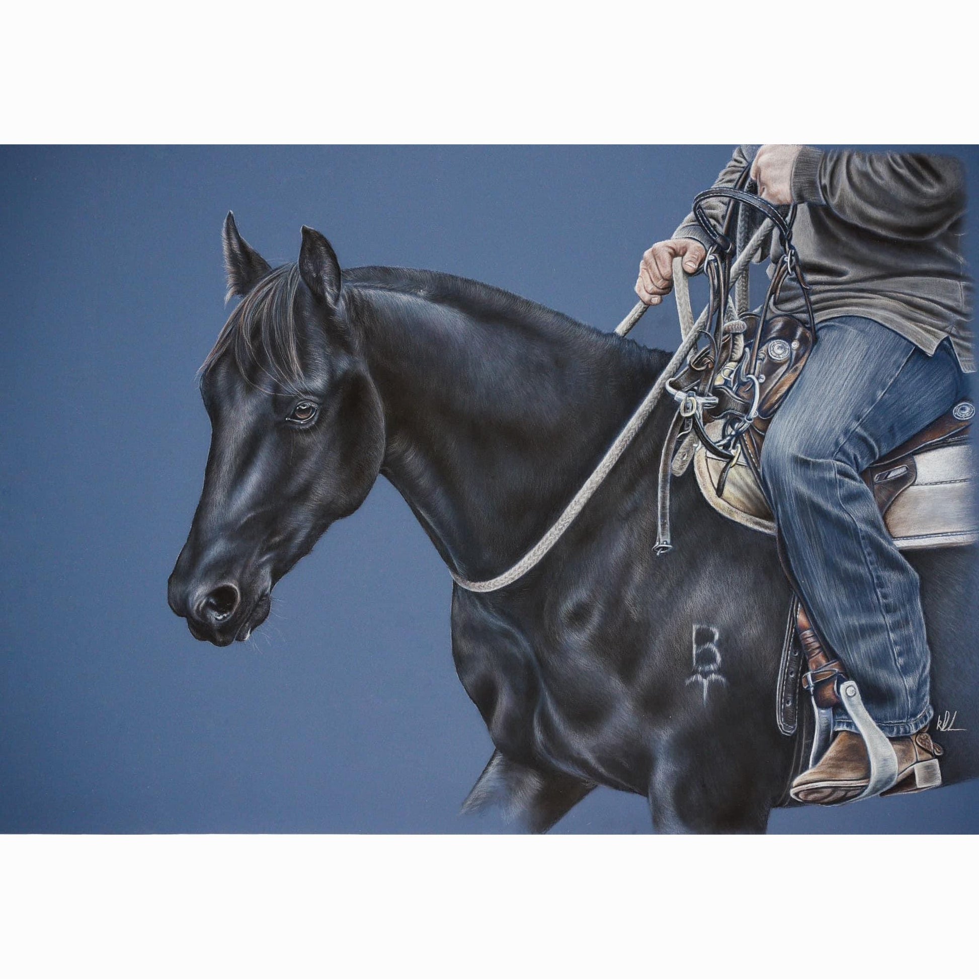 Painting of a person riding a black horse against a blue background