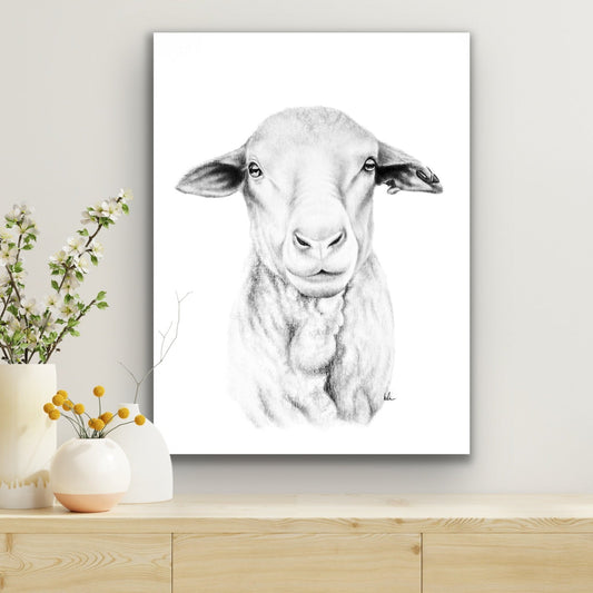 ewe stretched canvas print hanging on wall above buffet