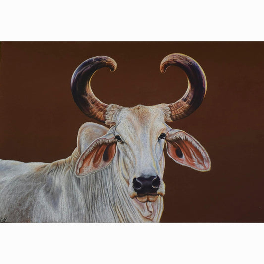 Painting of a cow with large horns on a brown background