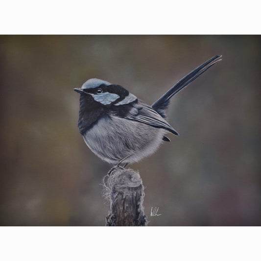 Detailed drawing of a bird perched on a branch with a blurred background