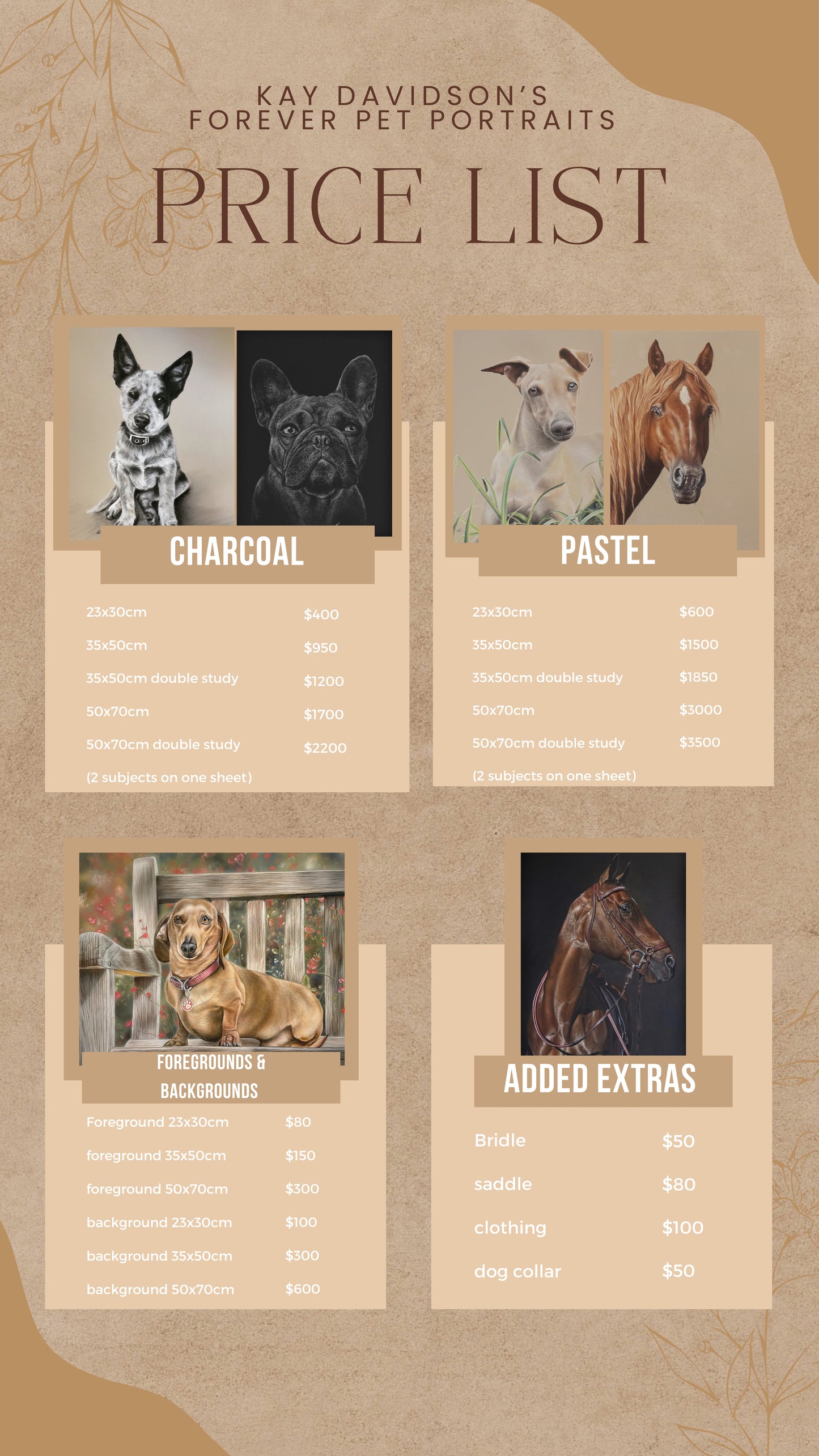 Price list for Kay Davidson's Forever Pet Portraits with pet photos and descriptions.