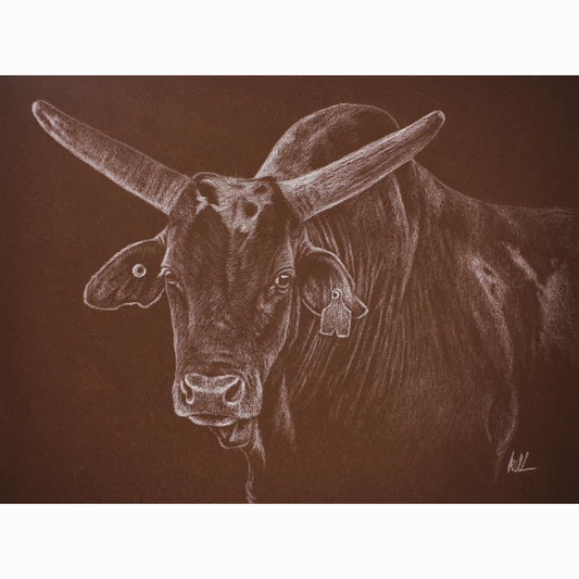 Artistic depiction of a bull with large horns on a brown background