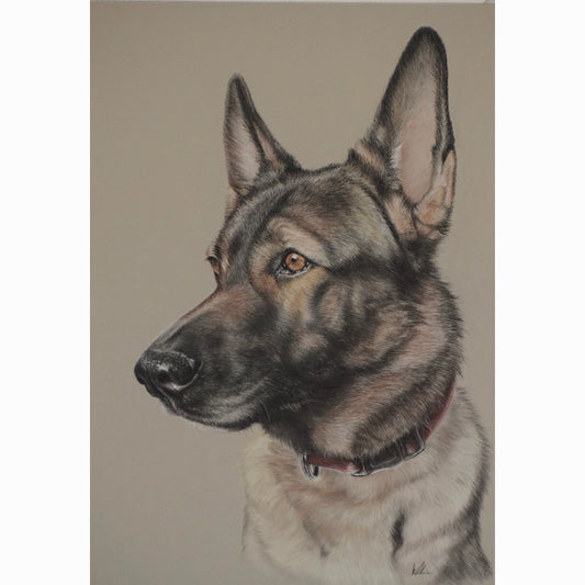 Artistic depiction of a dog's head on a plain background