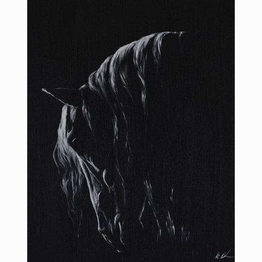 Black and white drawing of a horse's head on a dark background