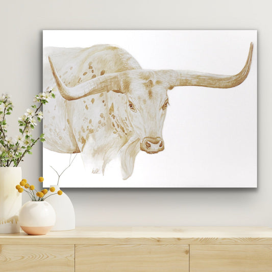 texas longhorn latte stretched canvas print hanging on wall