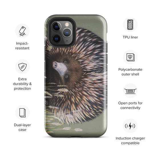 A green phone case featuring a close-up image of an echidna, with indications of polycarbonate outer shell, TPU inner lining, impact-resistant, and induction charging compatible features.
