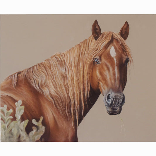 artwork of a chestnut horse with a white blaze on a beige background