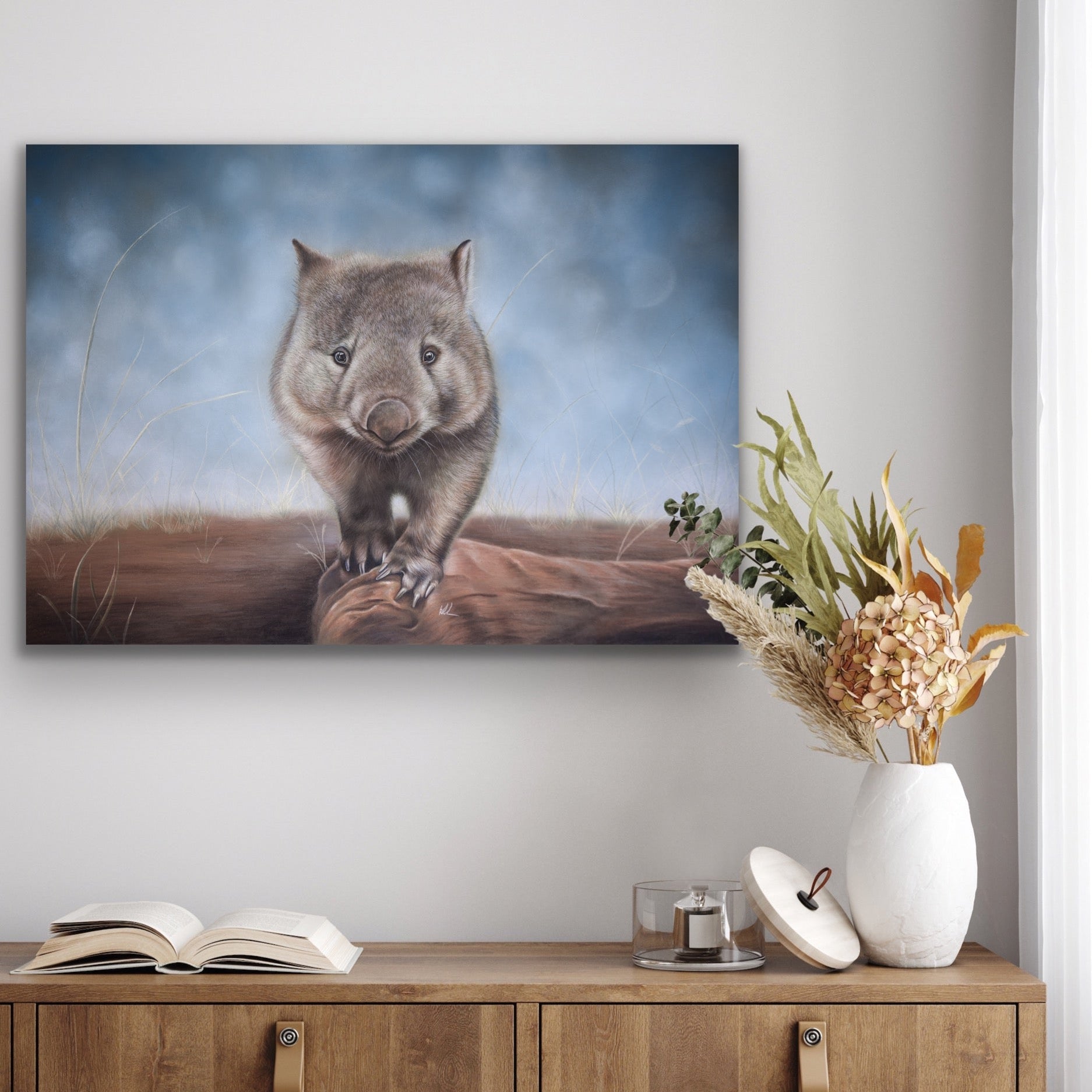 wally wombat stretched canvas print hanging on wall