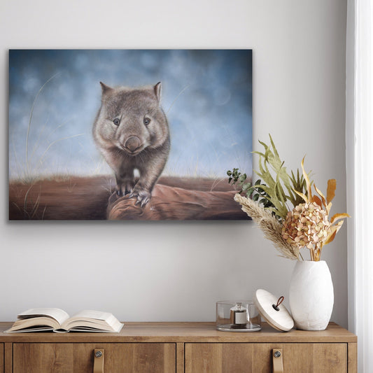 wally wombat stretched canvas print hanging on wall