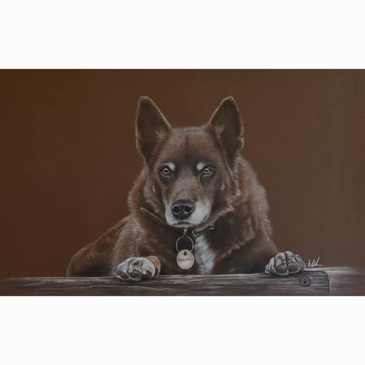 Artwork showing cattle dog lying on a wooden surface with a brown background
