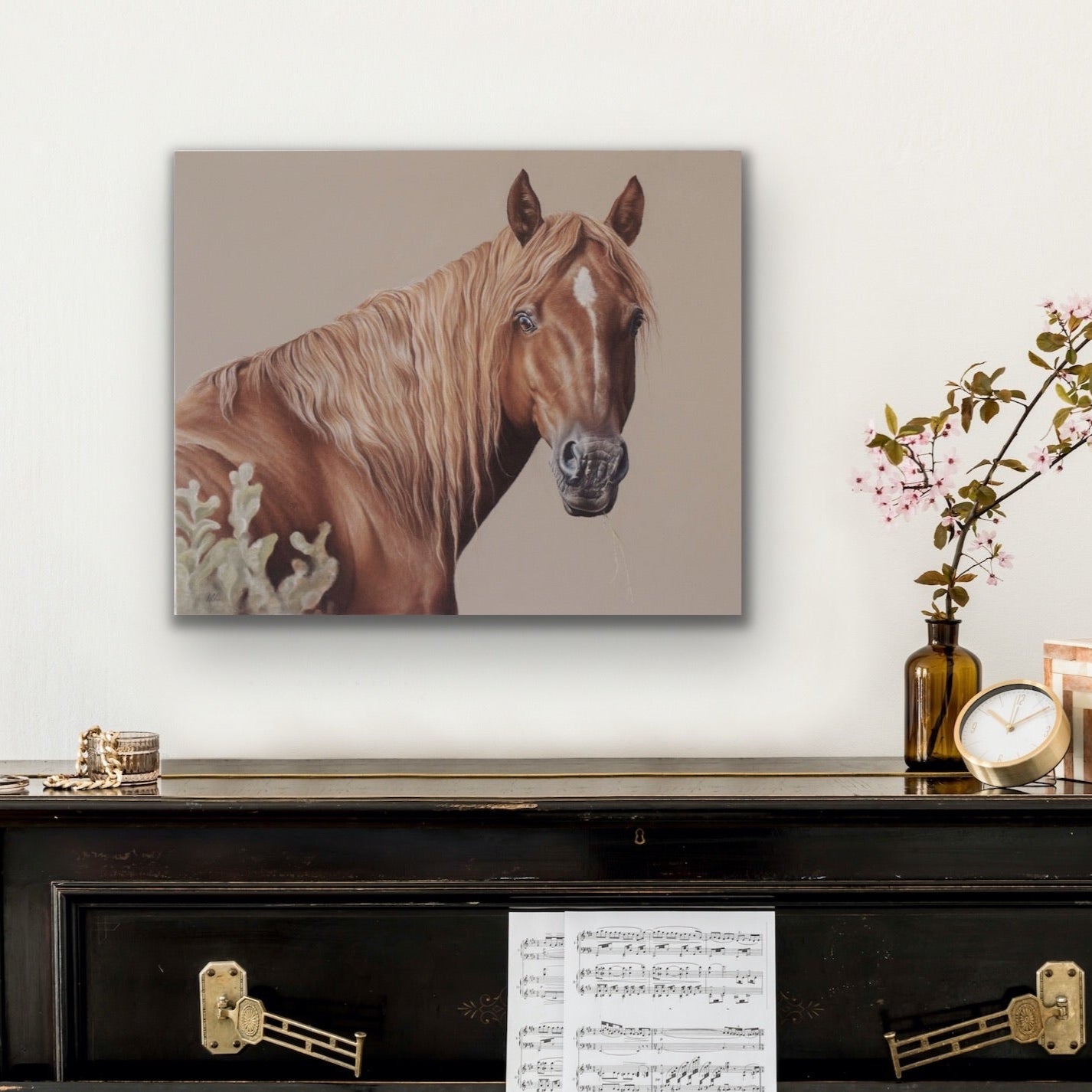 Tumbarumba Prince Stretched Canvas hanging on wall above an old buffet