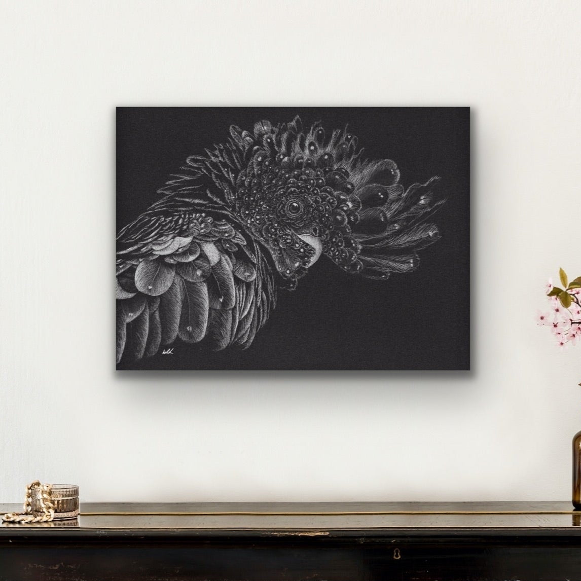 black ash stretched canvas print hanging on the wall