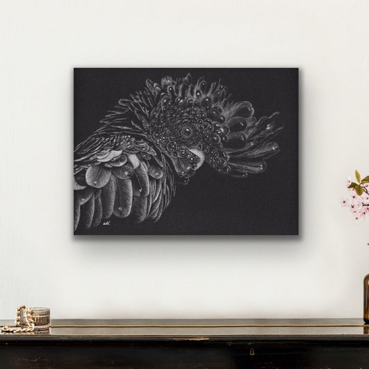 black ash stretched canvas print hanging on the wall