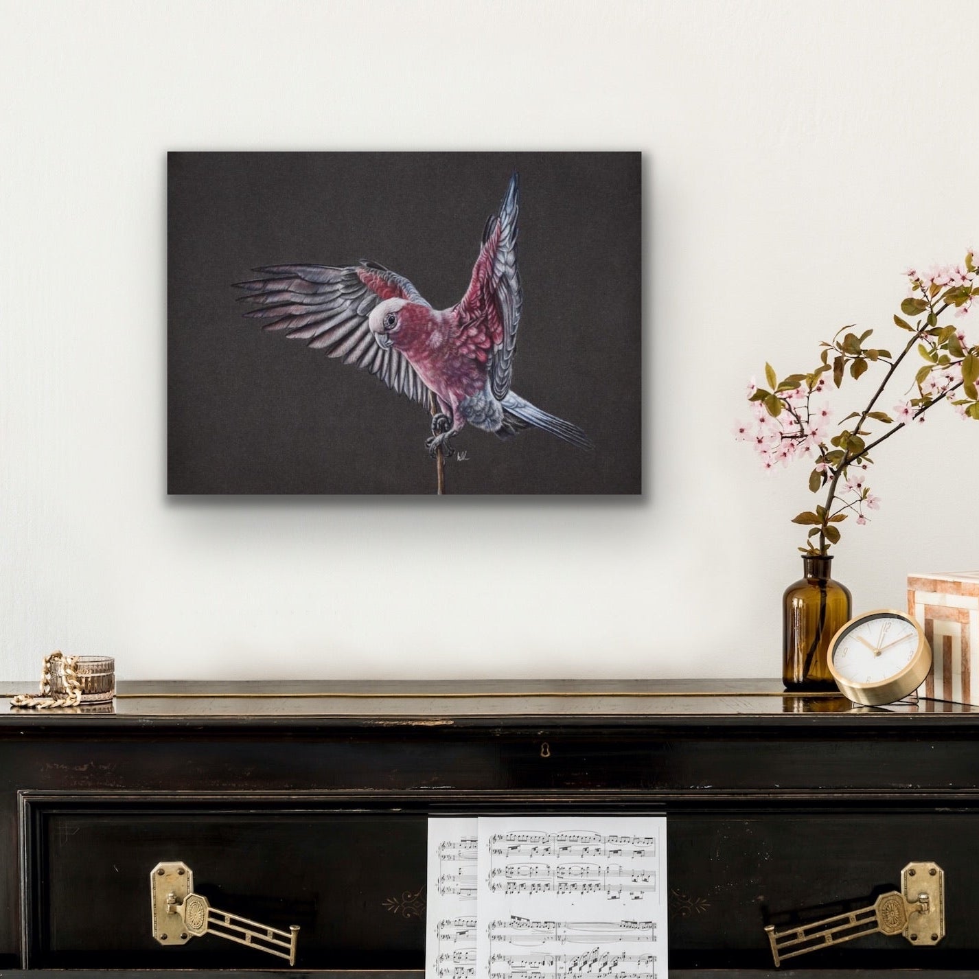 galah stretched canvas print hanging on wall