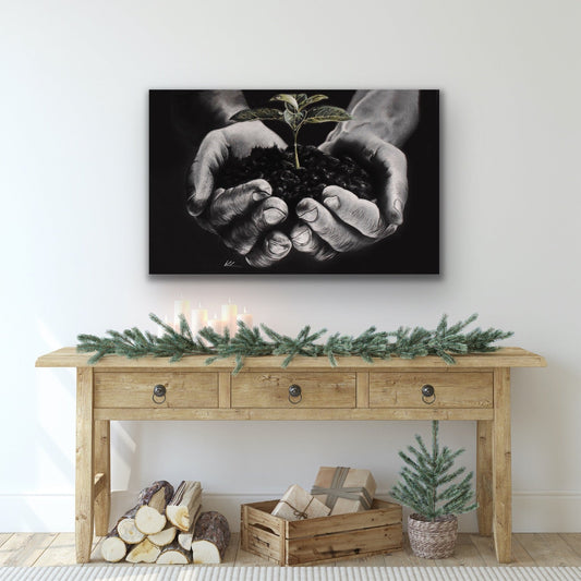 nurture stretched canvas print on wall above side table