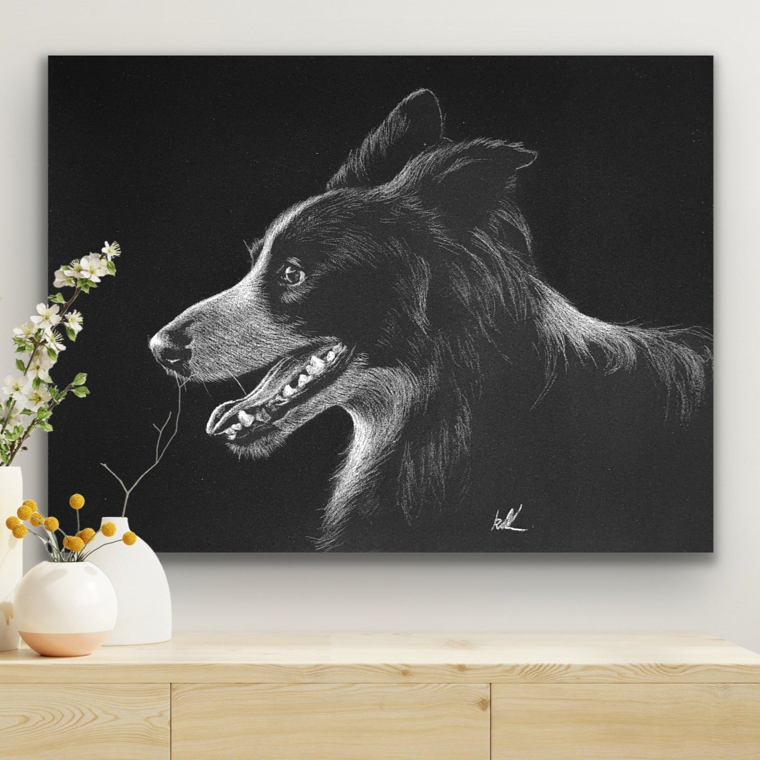 man's best friend stretched canvas print hanging on wall