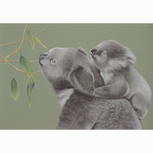 pastel artwork of a koala holding a baby koala with eucalyptus leaves on a green background