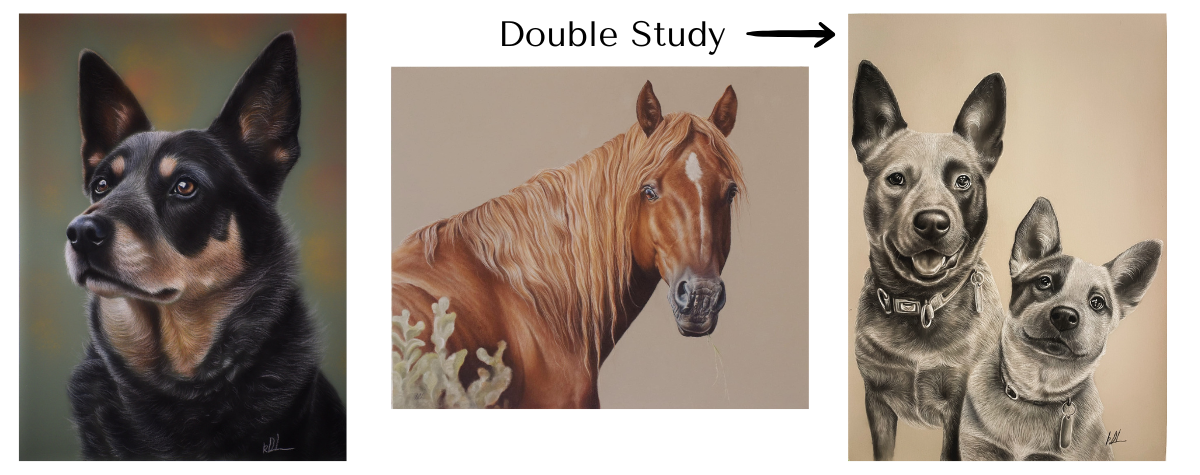 Three artworks of dogs and a horse, labeled showing pastel quick sketch portraits