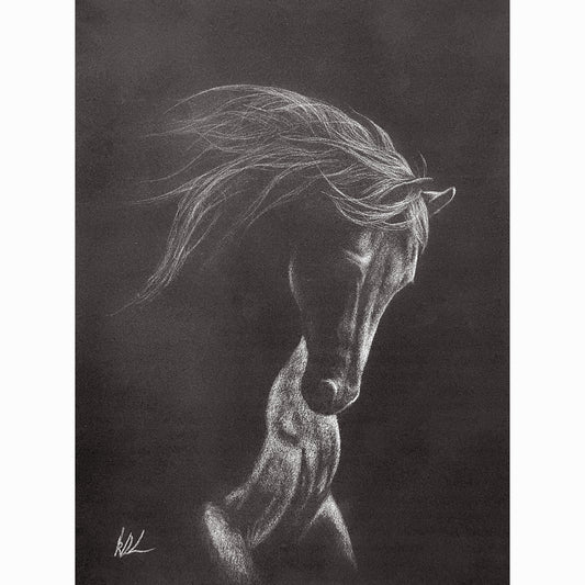 charcoal drawing of horse in black and white