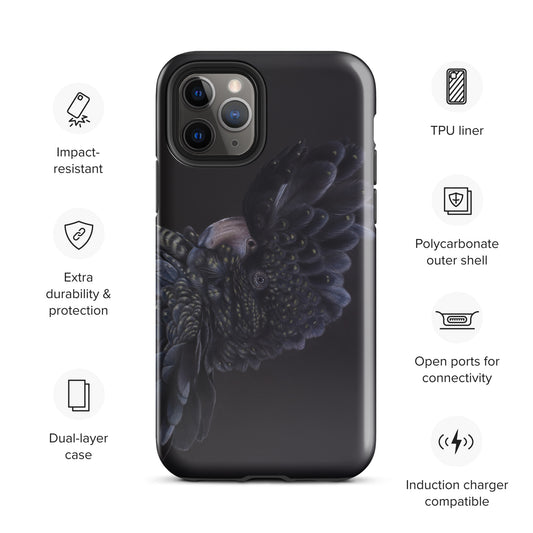 A phone case with a graphic of a bird, predominantly black in color, with details on its feathers. The case appears to be for an iPhone and has text and icon descriptions of features like impact resistance, dual-layer protection, and compatibility with induction charging.