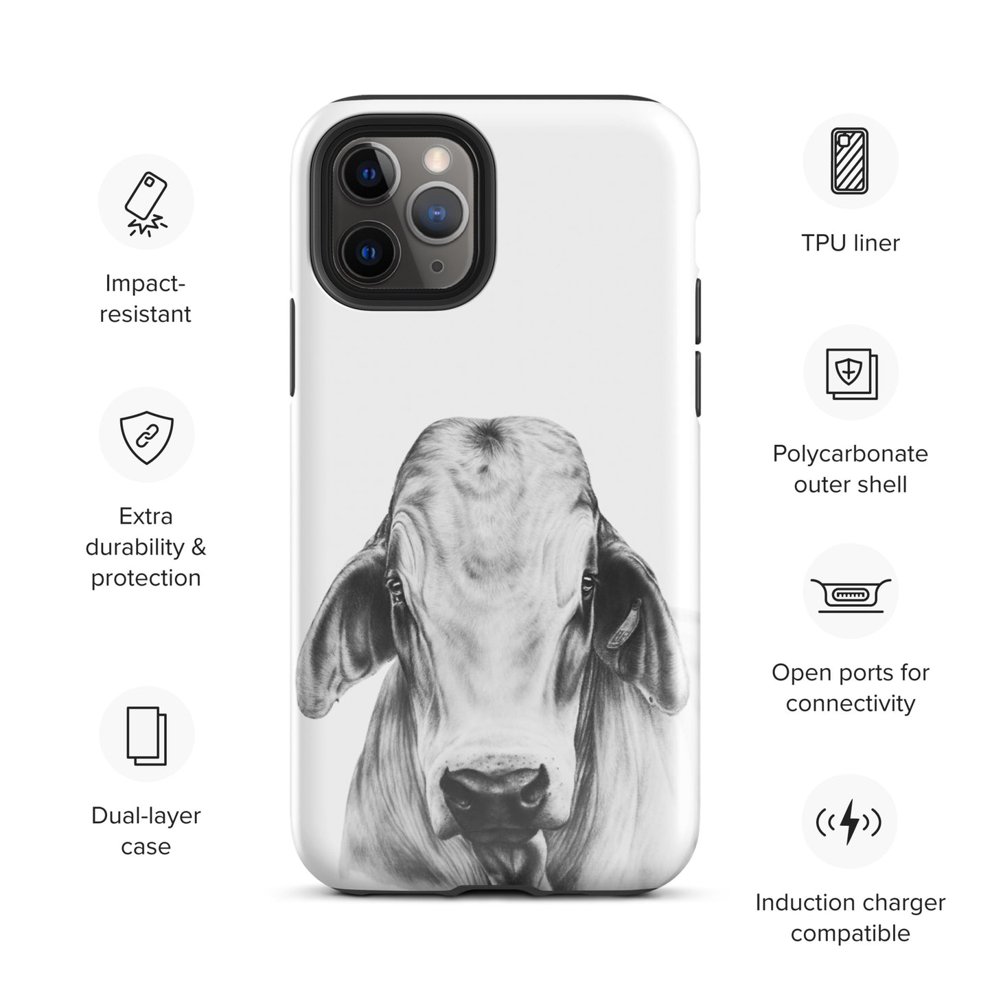 A phone case with a black and white image of a cow on it