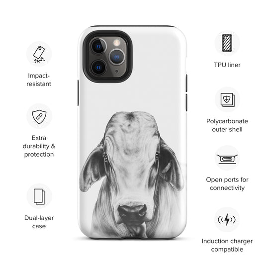 A phone case with a black and white image of a cow on it